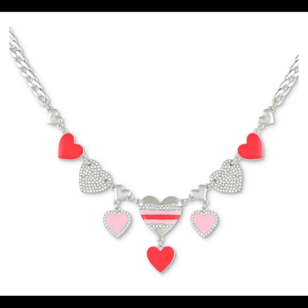 Guess Pink Heart Crystal Charm Frontal Necklace